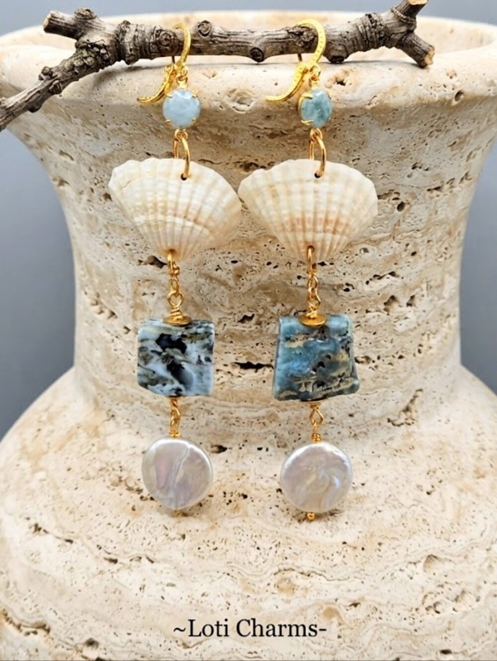 Artisan Masterpiece: Genuine Larimar & Pearls In Long Seashell Luxury Earrings
